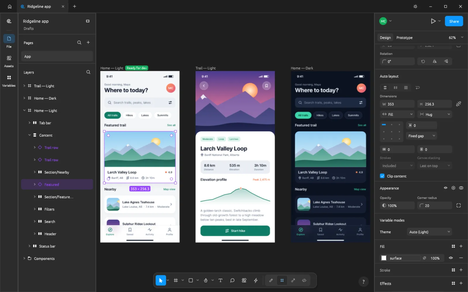 FigCraft: tre schermate di un'app mobile sulla tela, con livelli a sinistra e auto layout a destra