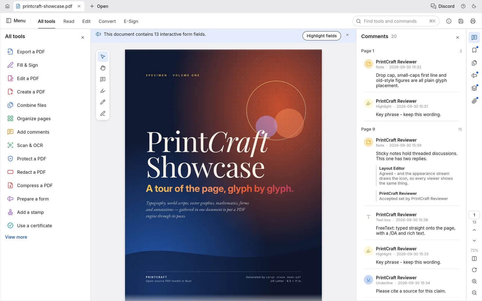 PdfCraft: lettore PDF con elenco strumenti, copertina del documento e pannello dei commenti