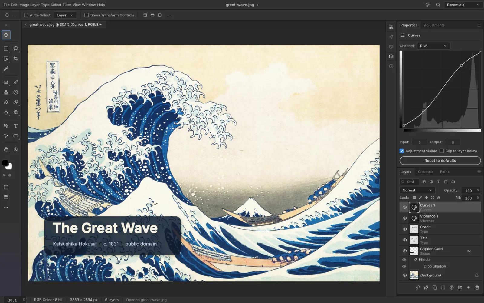 PhotoCraft: "La grande onda" di Hokusai con curve, livelli di regolazione, testo e stili di livello