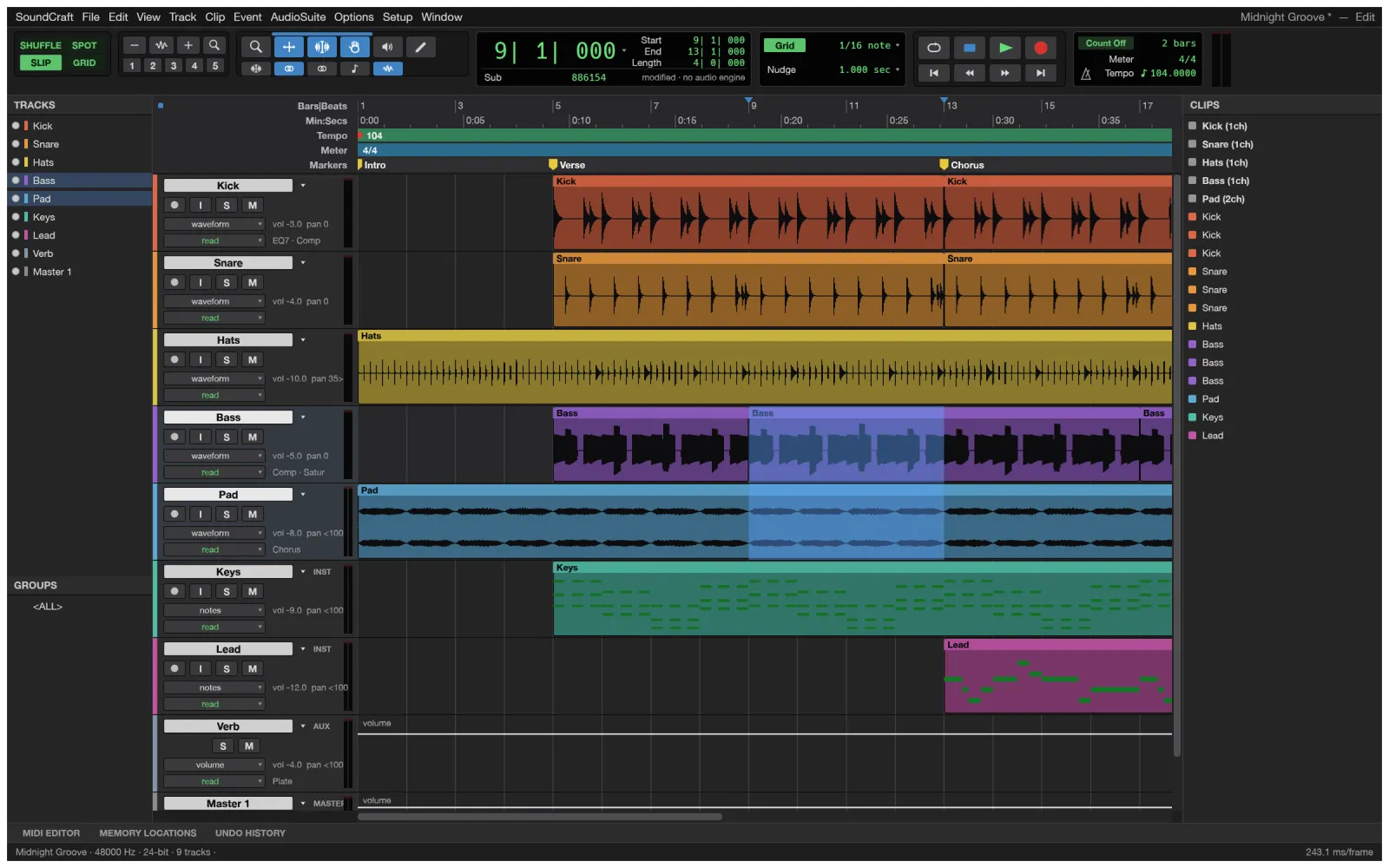 SoundCraft: finestra Edit con tracce audio e MIDI colorate, marker e righello del tempo