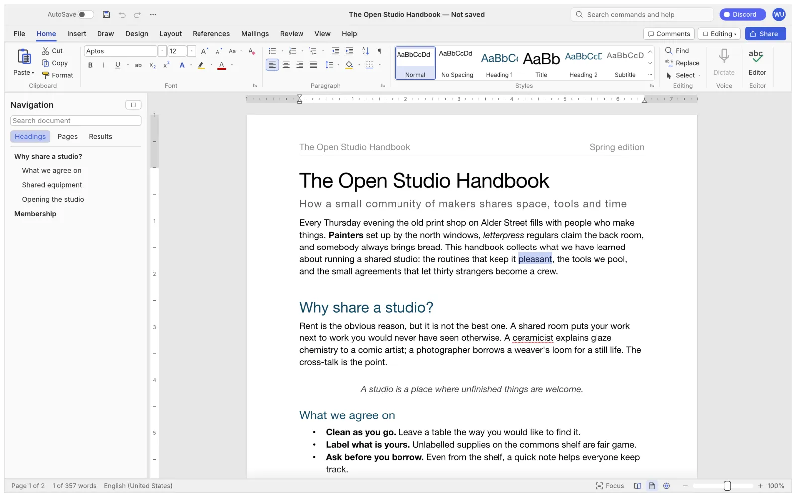 WordCraft: documento impaginato con barra multifunzione e riquadro di navigazione per titoli